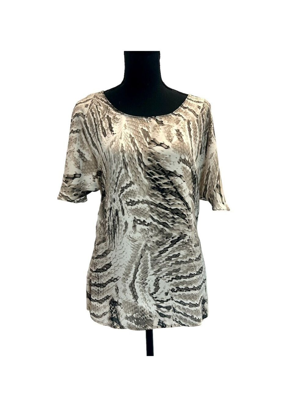 LE Chateau gray tan brown cream Snake print Short Sleeve blouse Sz M